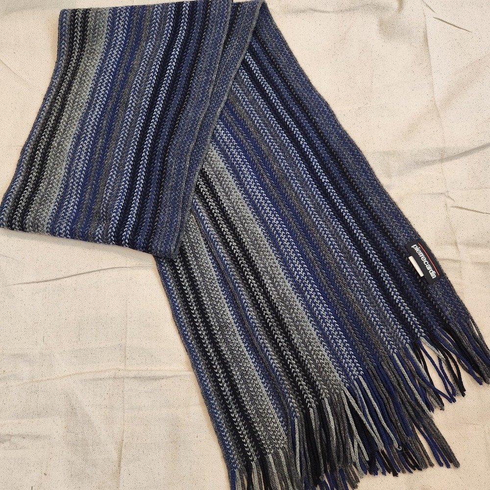 Pierre Cardin Men's Striped Knit Scarf Blue Gray Black Fringe Winter Accessories